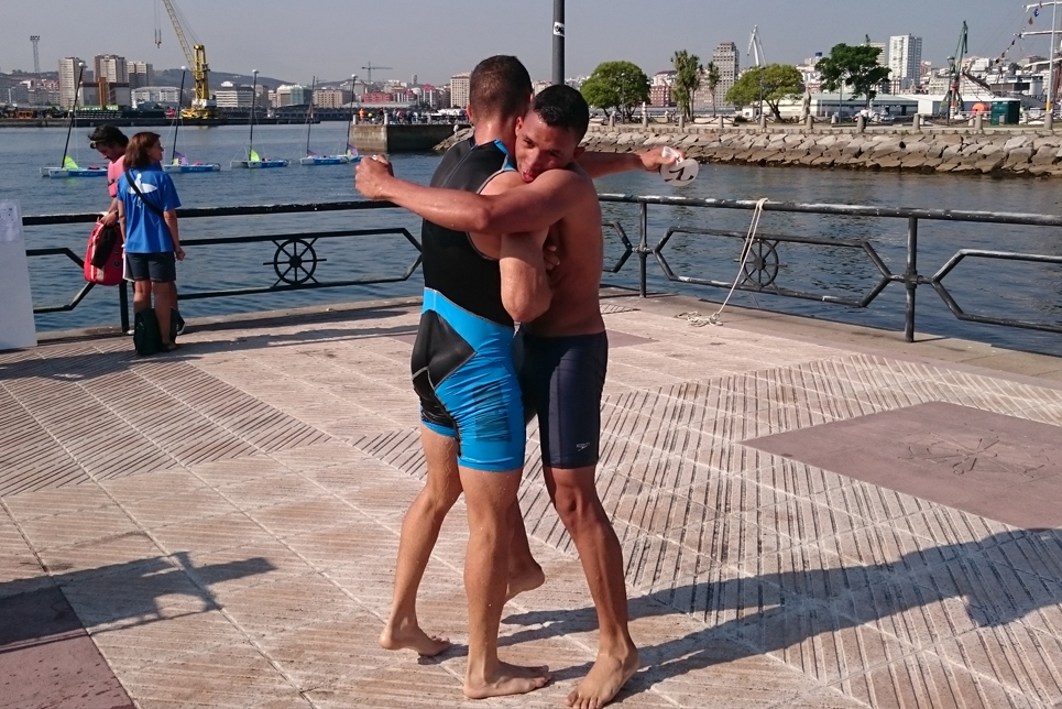 Trainees from Simon Bolivar celebrating winning the open water swimming